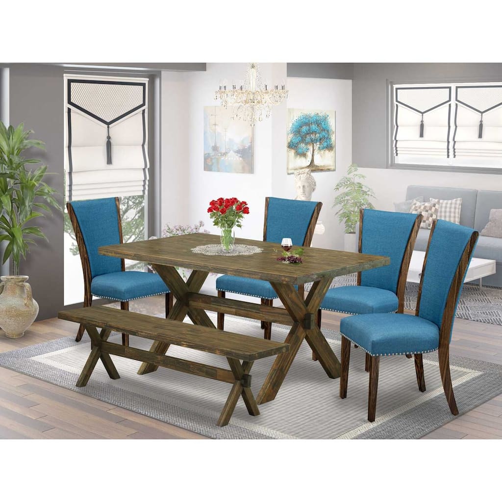 HomeStock 6-Piece Rectangle Distressed Jacobean Finish Solid Wood Top Dining Table with 1-Bench, 4-Chairs