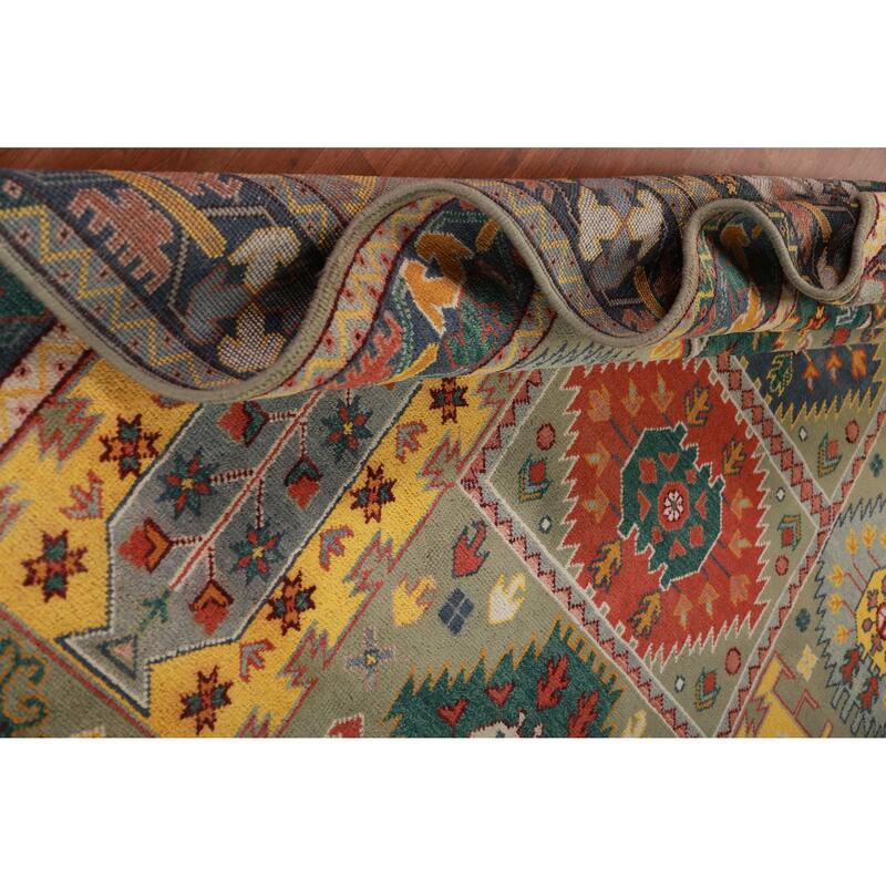 Green Geometric Kazak Oriental Area Rug Hand-Knotted Wool Carpet - 8'0" x 10'2"