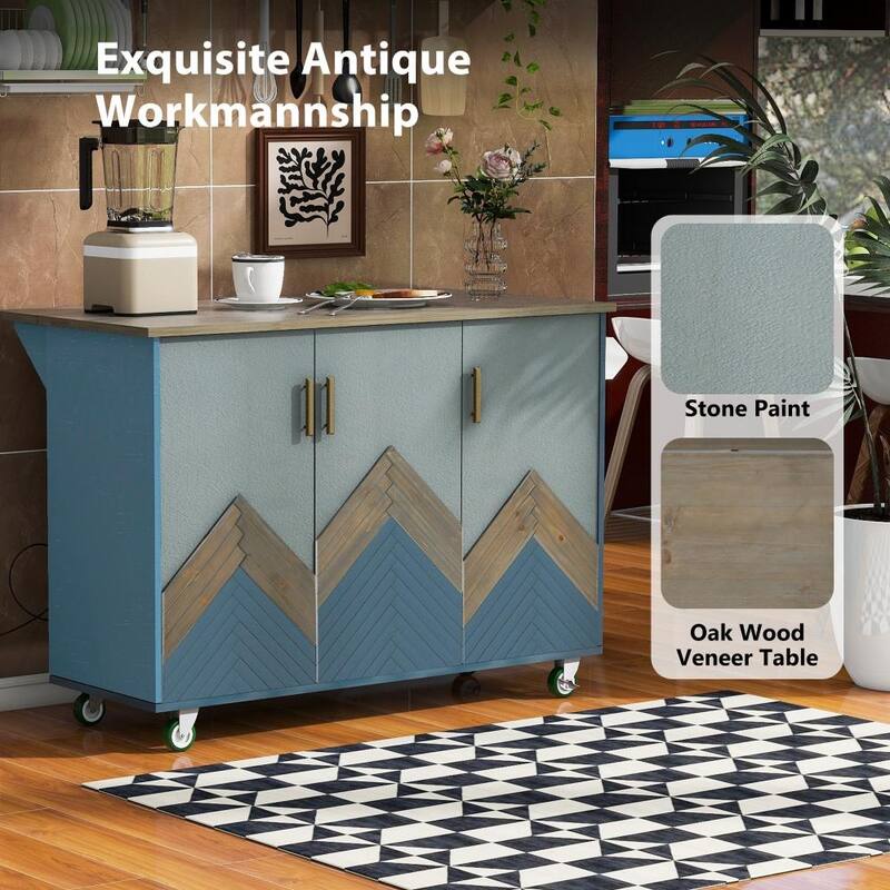 Retro MDF Kitchen Island on Wheels with Drop Leaf and Towel Rack