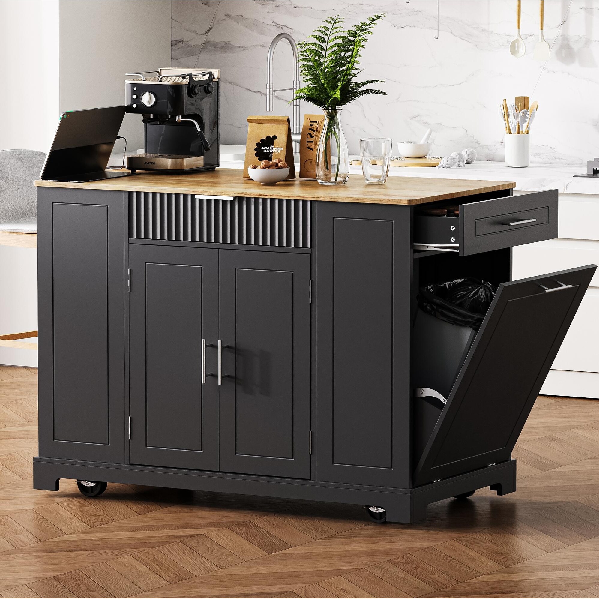 Fluted Kitchen Island Black with Trash Storage 3 Drawers Power