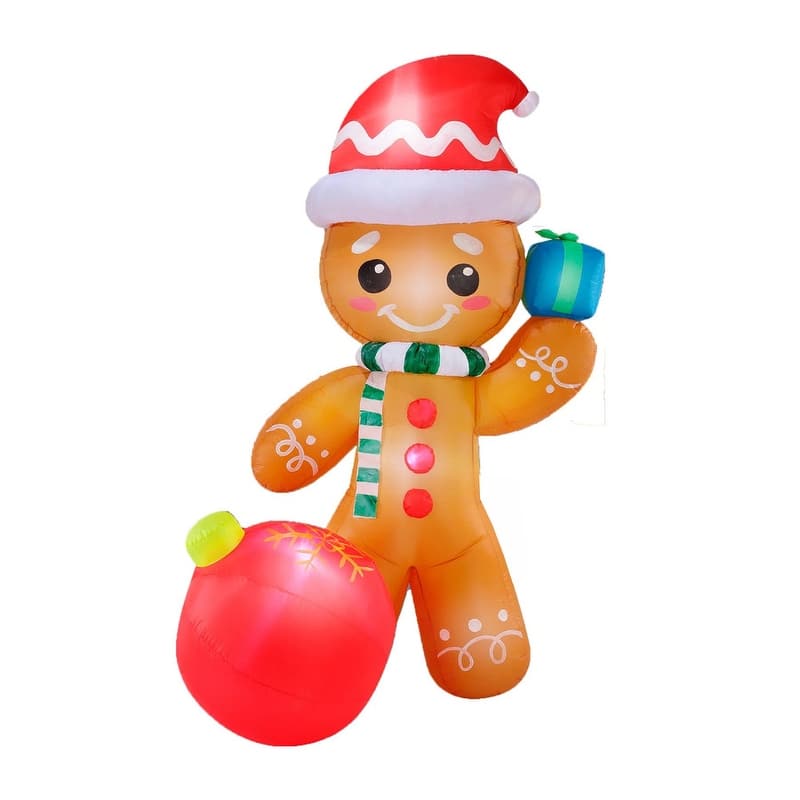 6 ft Tall Multicolor Polyester Indoor Outdoor Gingerbread with Ornament Inflatable, Home Garden Seasonal Decoration