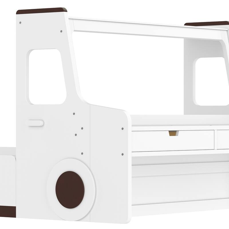 Roomfitters Full Size Car Shaped Floor Bed with Storage Drawers and Built-in Desk, Wood Frame