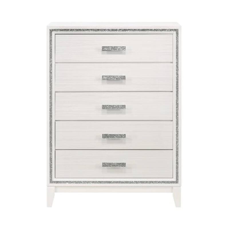 Chest with 5 Drawers and Shimmer Accent Trim, White