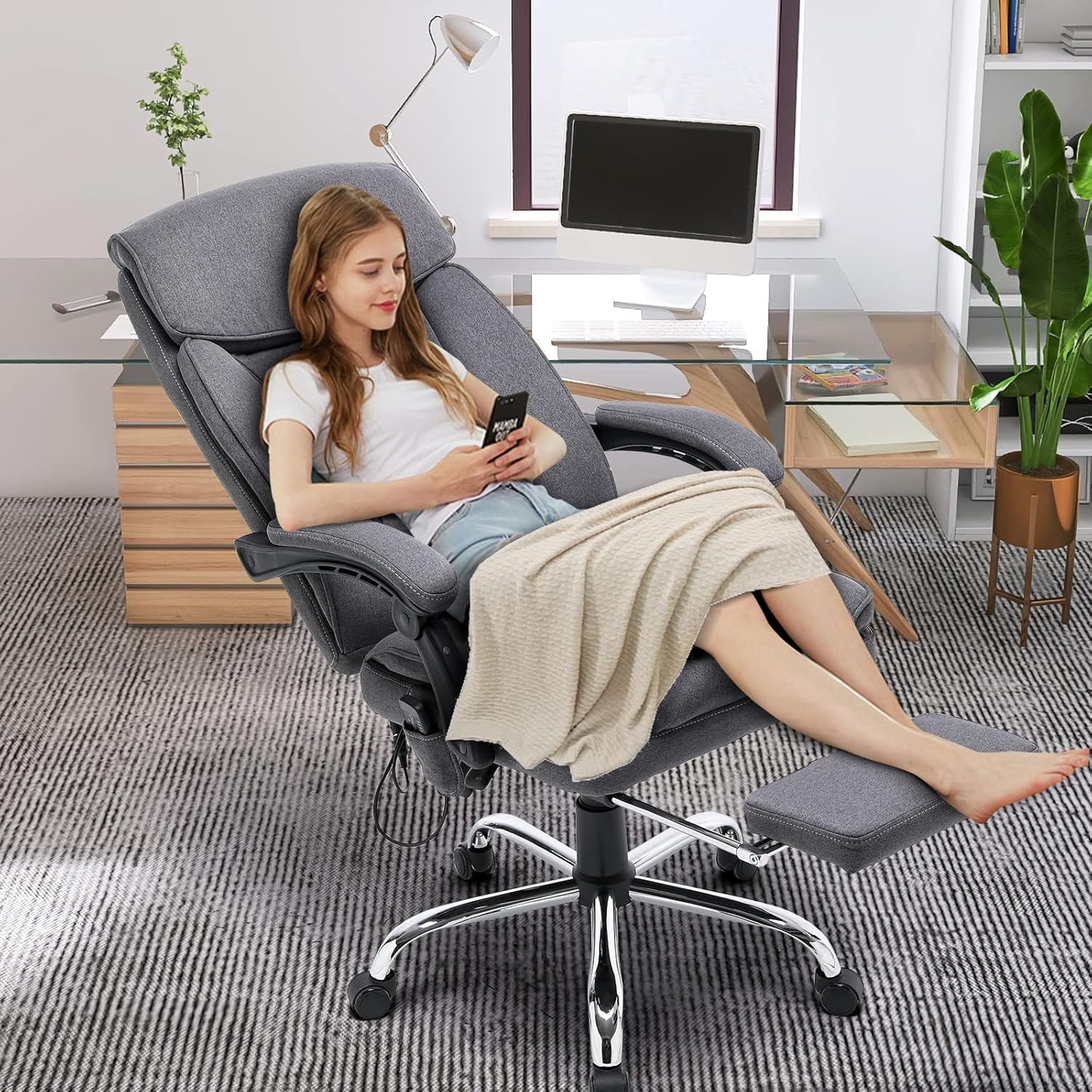 EROMMY Massage Reclining Office Chair with Breathable Fabric & Footrest, Grey - N/A