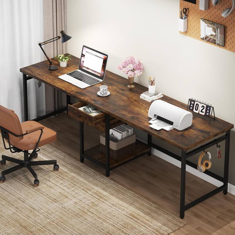 79-Inch Two Person Computer Desk with Drawers and Storage Shelves, Rustic Brown