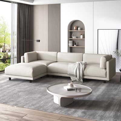 Beige 102.4'' Polyester L-Shaped Sofa with Reversible Footstool
