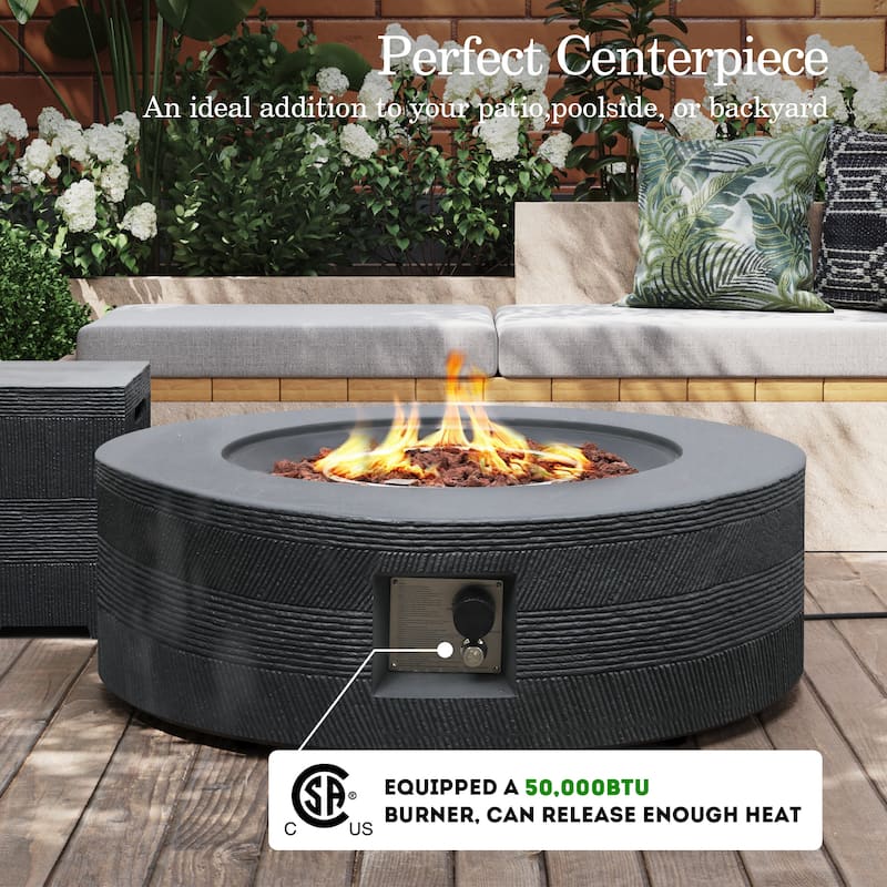 Patio Watcher 42in. Outdoor Round Magnesium Oxide Fire Pit Table with Gas Tank Cover