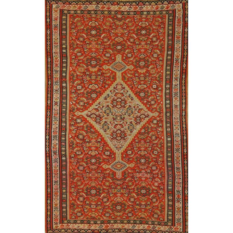 Vegetable Dye Kilim Senneh Antique Persian Rug Hand-Woven Wool Carpet - 4'2" x 6'10"