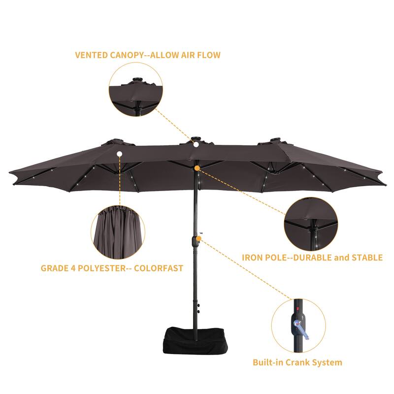 Clihome 15FT Double-Sided Solar Light Market Crank Umbrella with Base