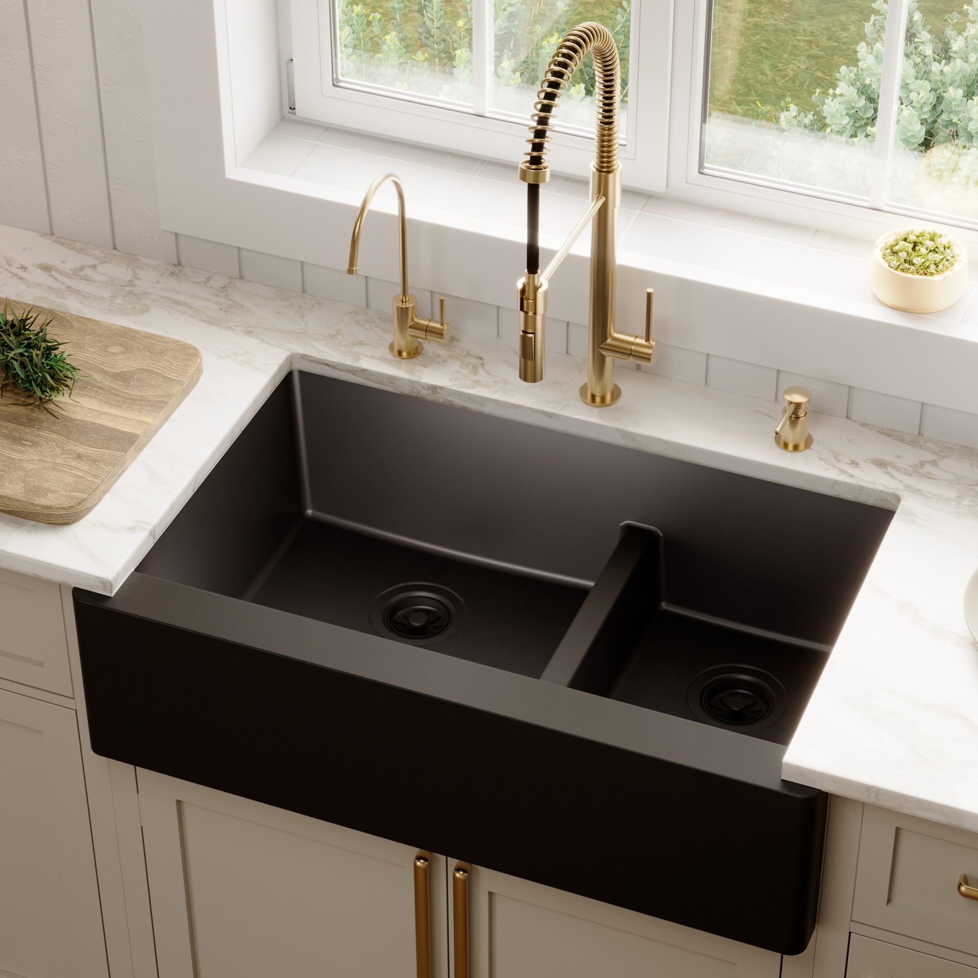 Karran Farmhouse/Apron-Front Quartz Double Bowl Kitchen Sink