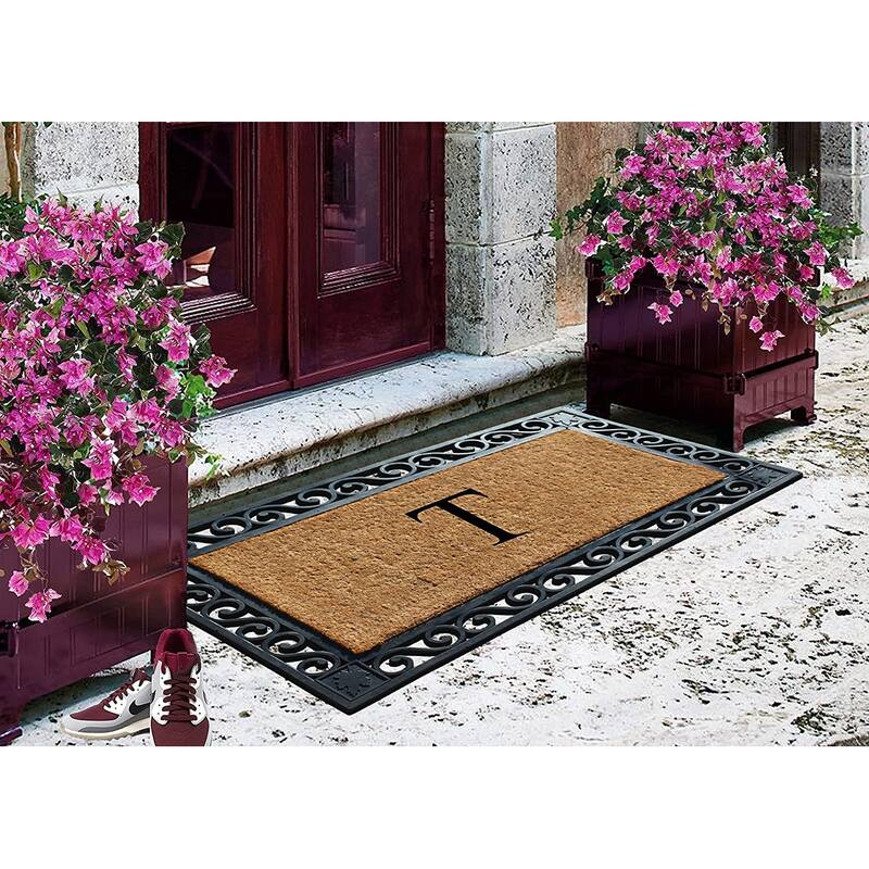 A1HC Rubber and Coir Maple Leaf, Heavy Weight Durable Monogrammed Doormat, 23"X38" Black