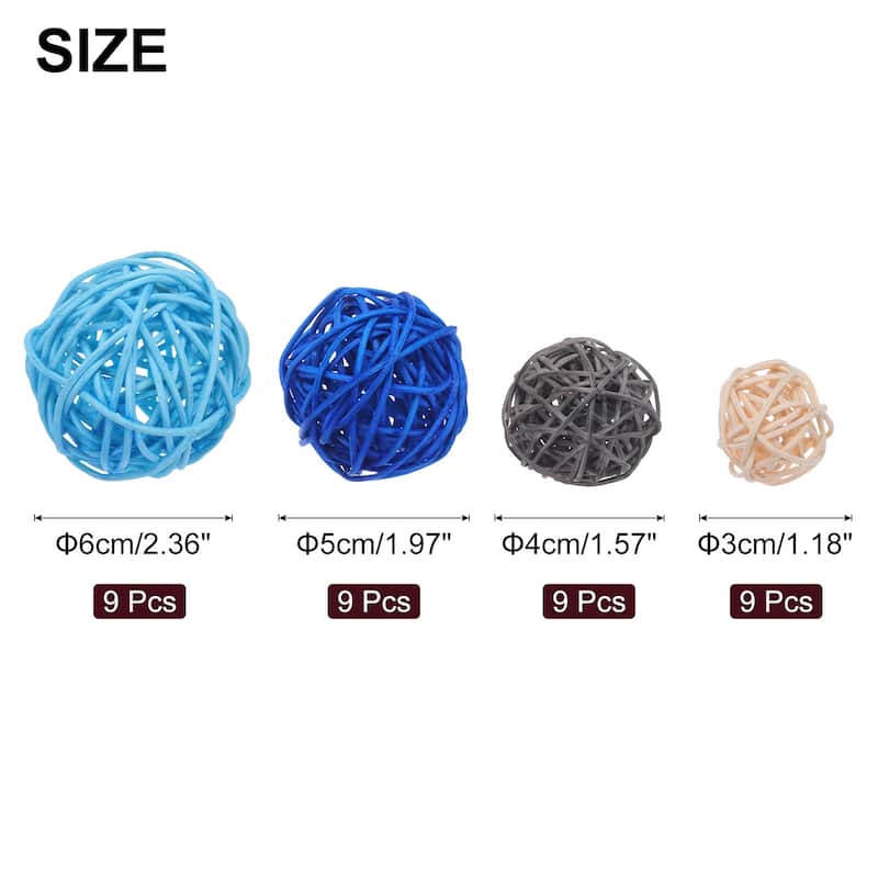 36 Pcs Vase Filler Decorative Balls, 2.4/2/1.6/1.2" Wicker Rattan Decor, Balls Bowl Fillers - Light Blue/Blue/Gray/Beige