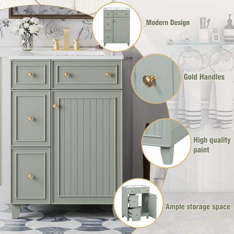 24 Inch Bathroom Vanity Cabinet with Ceramic Sink, 2 Drawers & Door, Bathroom Storage Cabinet Free-standing Single Sink Cabinet