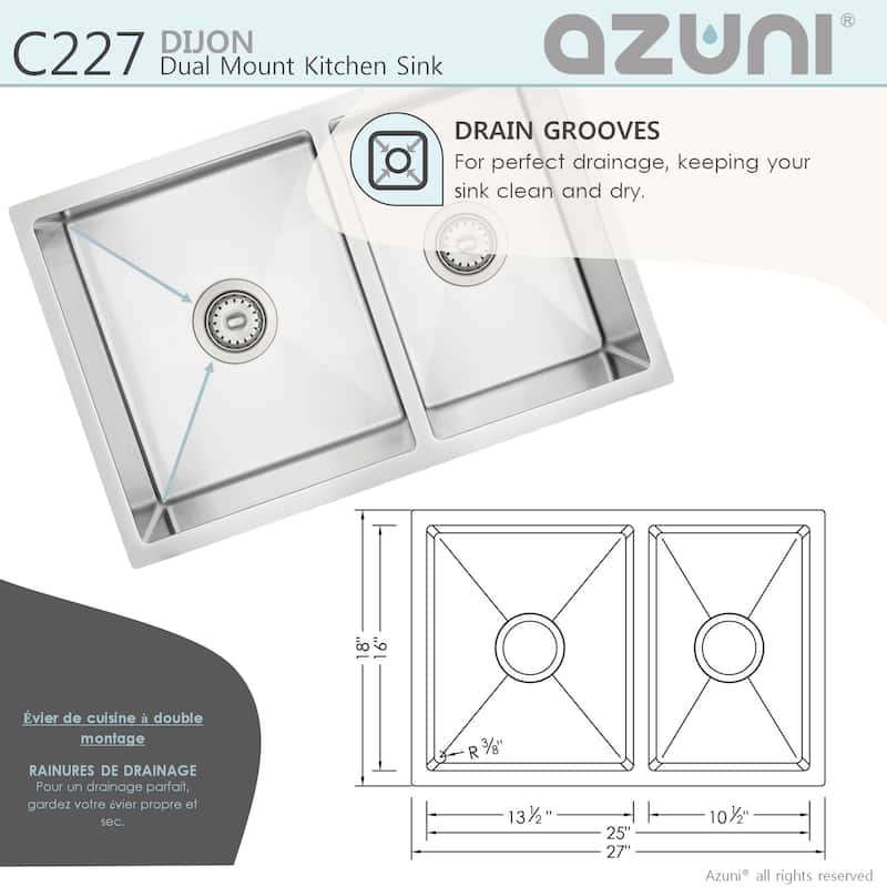 AZUNI 27 inches L x 18 inches W Double Bowl 60/40 Dual Mount 16G Reversible Kitchen Sink with Grids and Basket Strainers