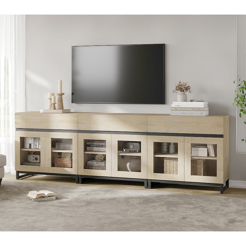 WAMPAT Modern TV Stand with Glass Doors for 110 inch TVs, Entertainment Center Console with 3 Drawers and Metal Base - 94.5 Inch - Beige