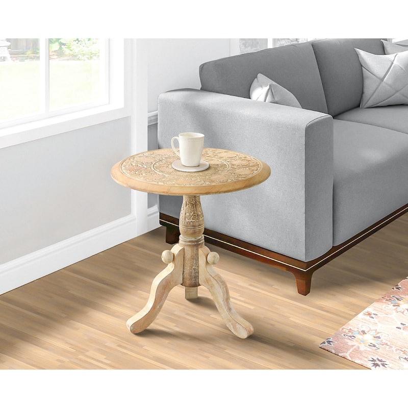 Intricately Carved Round Top Mango Wood Side End Table with Pedestal Base, Brown and White - Wood