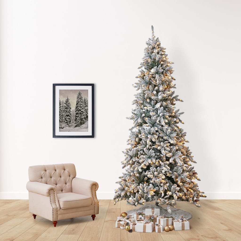 Pre-Lit Slim Flocked Livingston Fir Artificial Christmas Tree - 10' - Clear LED Lights - over-10-feet