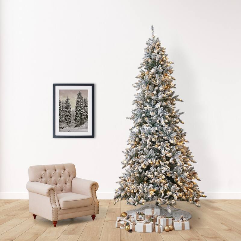 Pre-Lit Slim Flocked Livingston Fir Artificial Christmas Tree - 10' - Clear LED Lights - over-10-feet