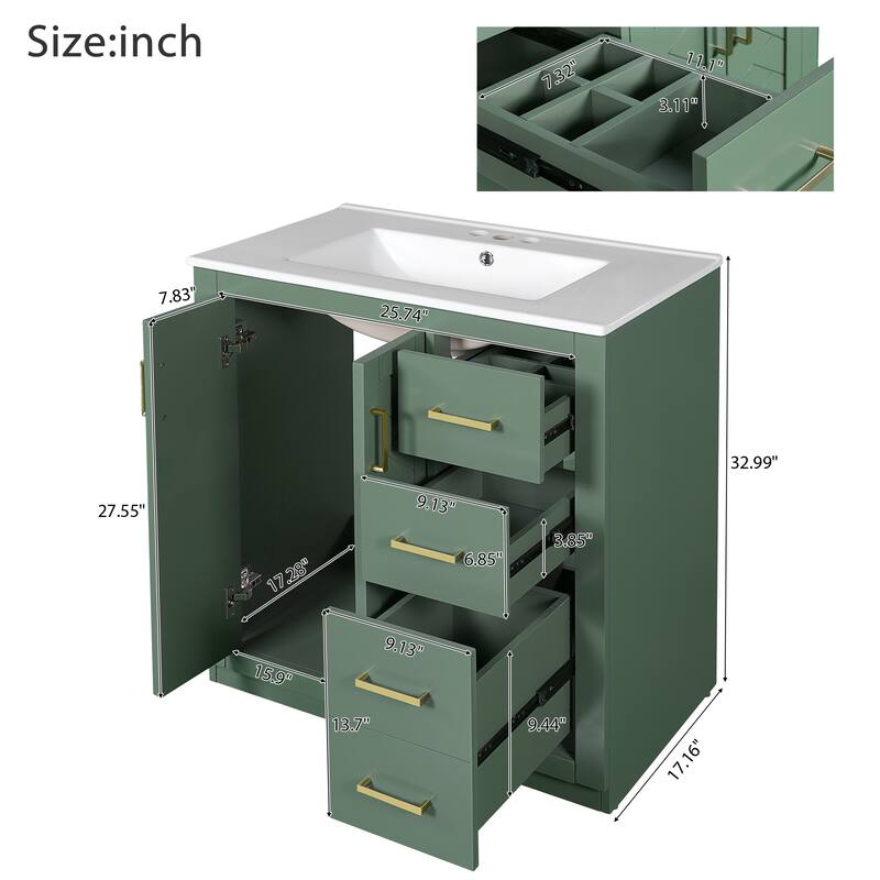 30'' Freestanding Bathroom Vanity with White Integrated Ceramic Sink - 30'' x 18'' x 34''