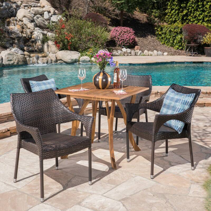Christopher Knight Home Carroll Outdoor 5-Piece Acacia Wood and Wicker Dining Set - teak + multi-brown