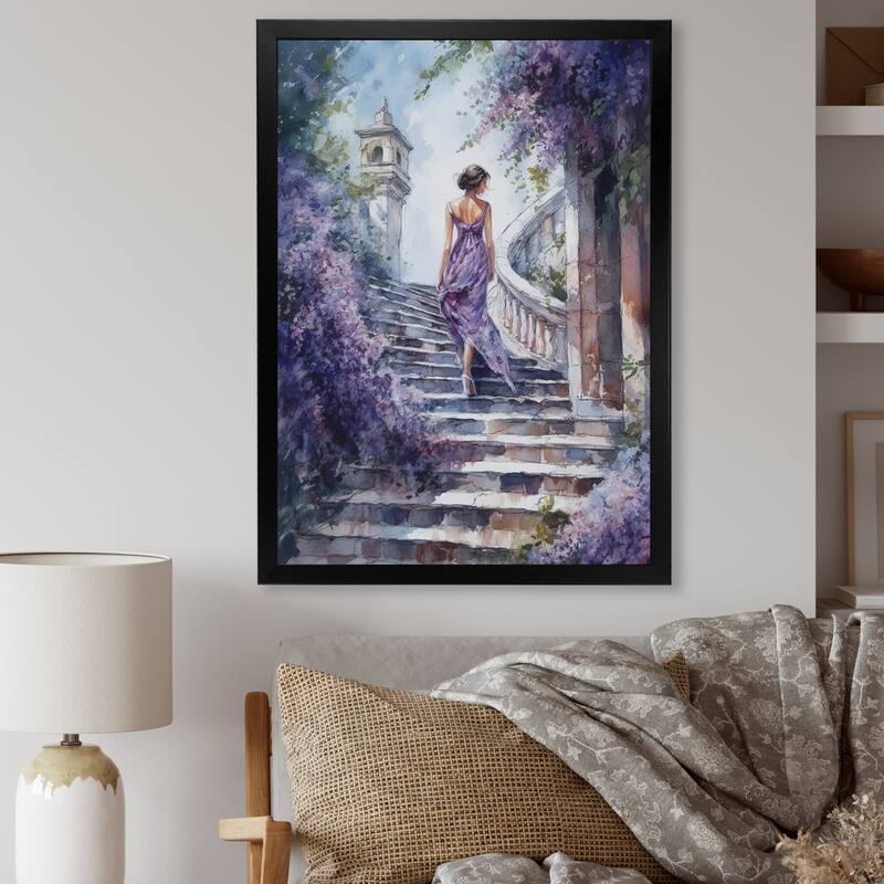 Designart "Fashionable Girl Modeling I" Woman Romantic Framed Wall Art For Living Room - 12 in. wide x 20 in. high - Black