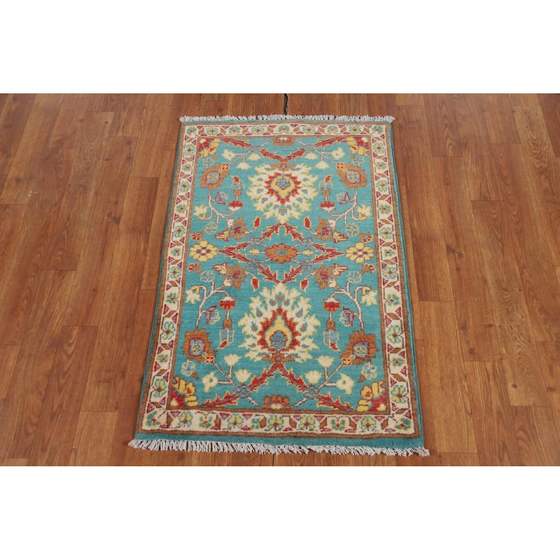 Turquoise Blue Kazak Oriental Foyer Rug Hand-Knotted Wool Carpet - 2'0" x 3'0"