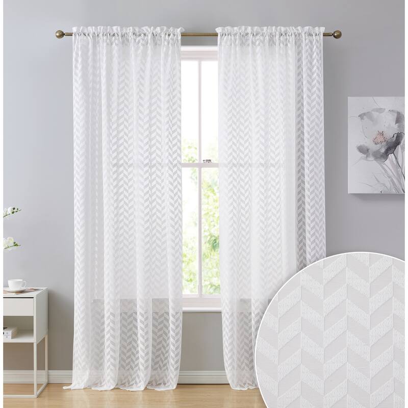HLC.me Herringbone Lace Thick Semi Sheer Premium Grommet Top Window Curtain Panels Kids Room & Bedroom - Set of 2 Panels - 37" W x 84" L per panel - Set of 2 - White