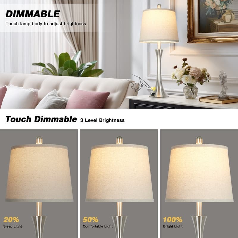 Set of 2 Modern 26-Inch Table Lamps with Dual USB Charging Ports and Oatmeal Fabric Shades - 12'' x 12'' x 27.5''