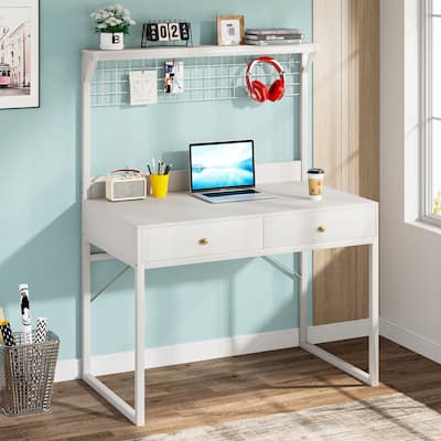 Computer Desk with 2 Drawers, Metal Desk with Hutch