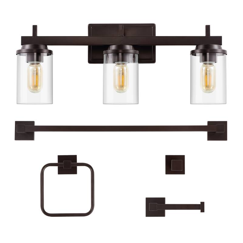 Egan 23.25" 3-Light Farmhouse Industrial Vanity Light with Bathroom Hardware Accessory Set, (5-Piece) by JONATHAN Y