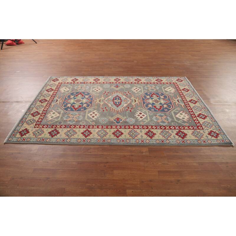 Gray Geometric Kazak Area Rug Handmade Oriental Wool Carpet - 4'11" x 7'0"