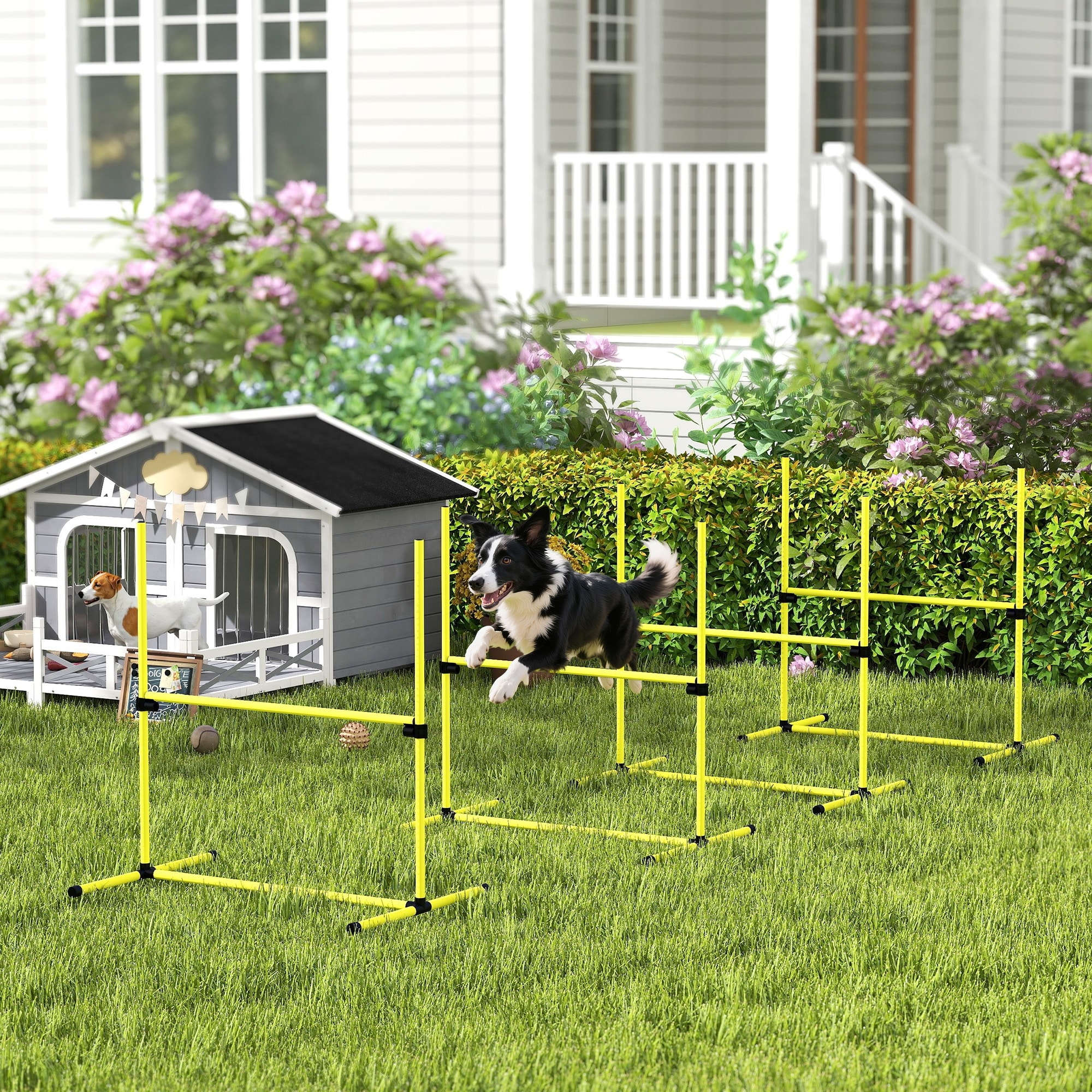 PawHut 4 Piece Dog Agility Training Equipment with Adjustable Height Jump Bars, Included Carry Bag, & Displacing Top Bar, Yellow