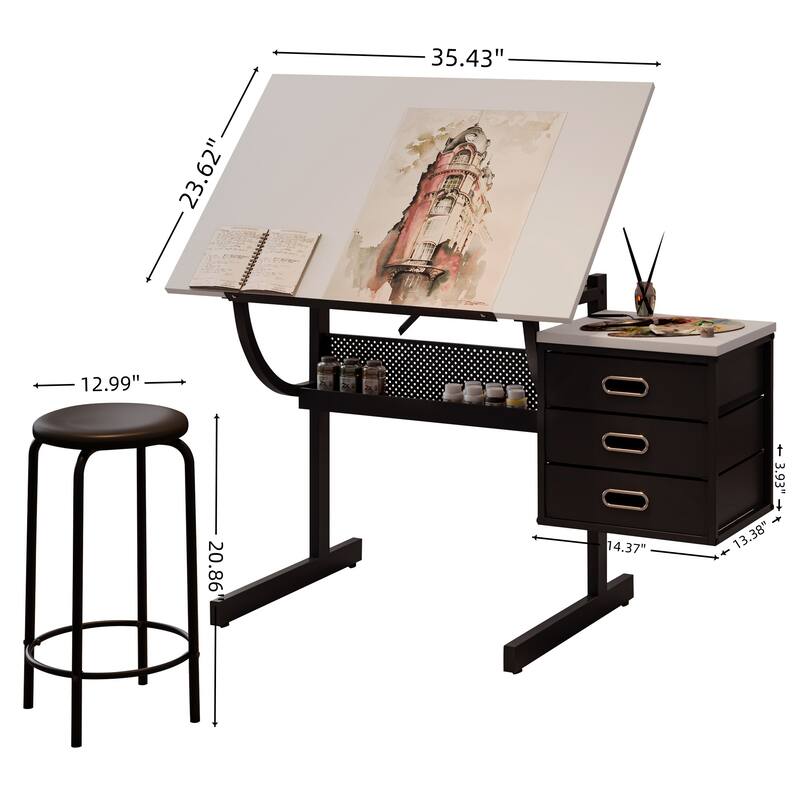 White tabletop Adjustable drafting drawing table for Crafting, Reading, Writing with stool and 3 Storage drawers