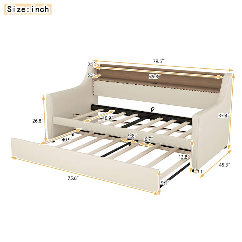 Beige Twin Size Upholstered Daybed with Trundle,Charging Station and LED Lights