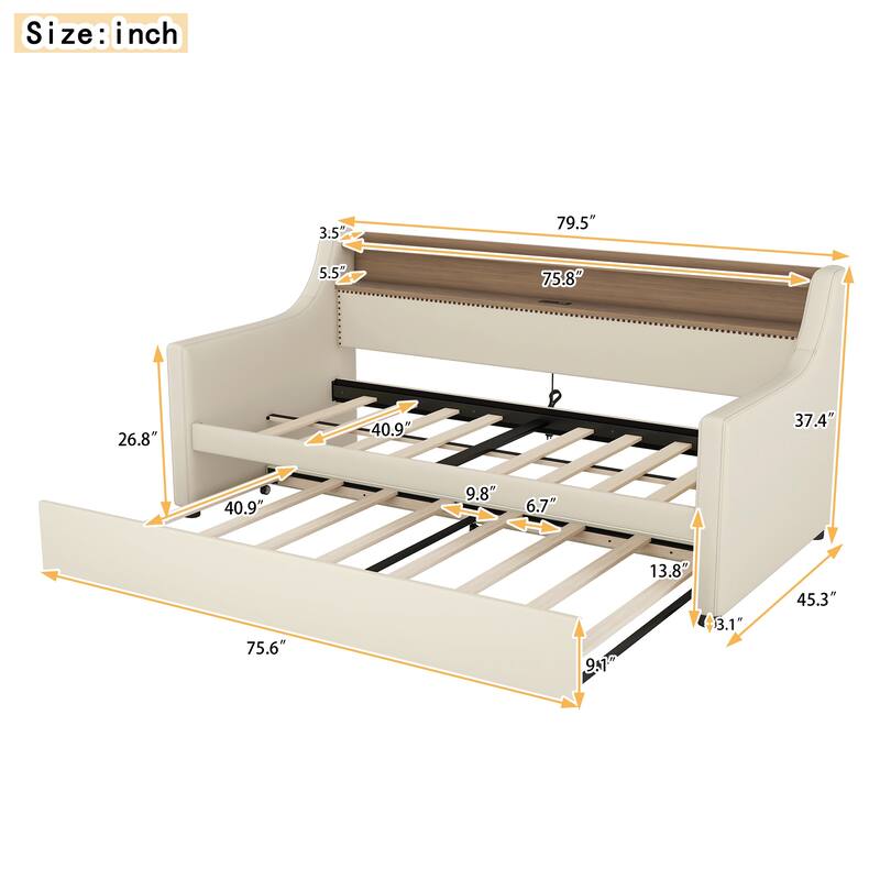 Twin Size Daybed with Trundle, Upholstered Daybed with Charging Station and LED Lights