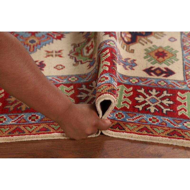 Traditional Kazak Area Rug Handmade Beige Geometric Wool Carpet - 3'11" x 5'11"