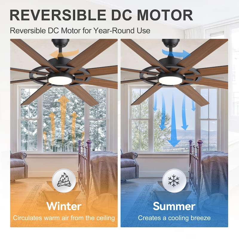 72" Large Ceiling Fan with 3CCT Dimmable LED Light and Remote(8 Reversible Blades）