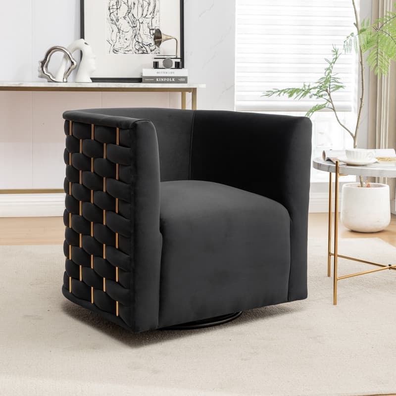 Modern Glam Velvet Upholstered 360 Degree Swivel Barrel Chair - Black