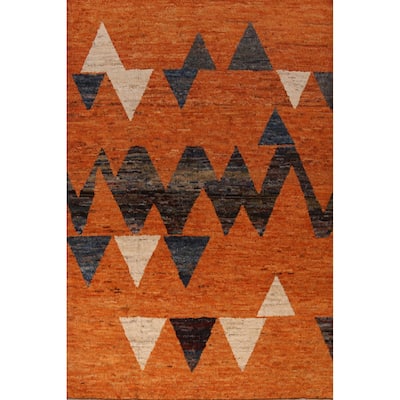 Geometric Orange Moroccan Oriental Rug Hand-Knotted Wool Carpet - 6'10" x 9'10"