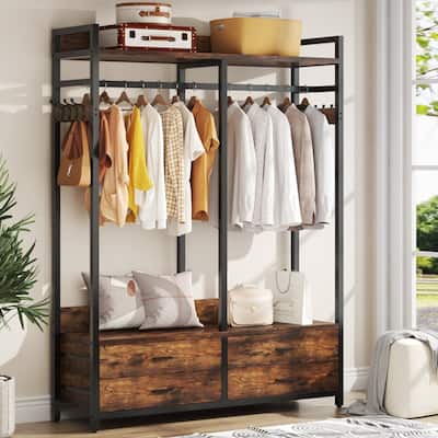 Freestanding Open Wardrobe Closet, Heavy Duty Garment Rack Closet Organizer, Rustic Brown