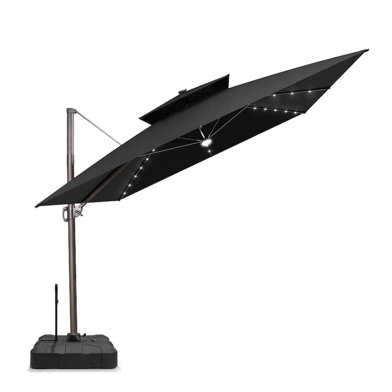 Pellebant 11 FT Square Outdoor Patio Double Top Cantilever Umbrella Solar LED Lighted with Rod Base - Black