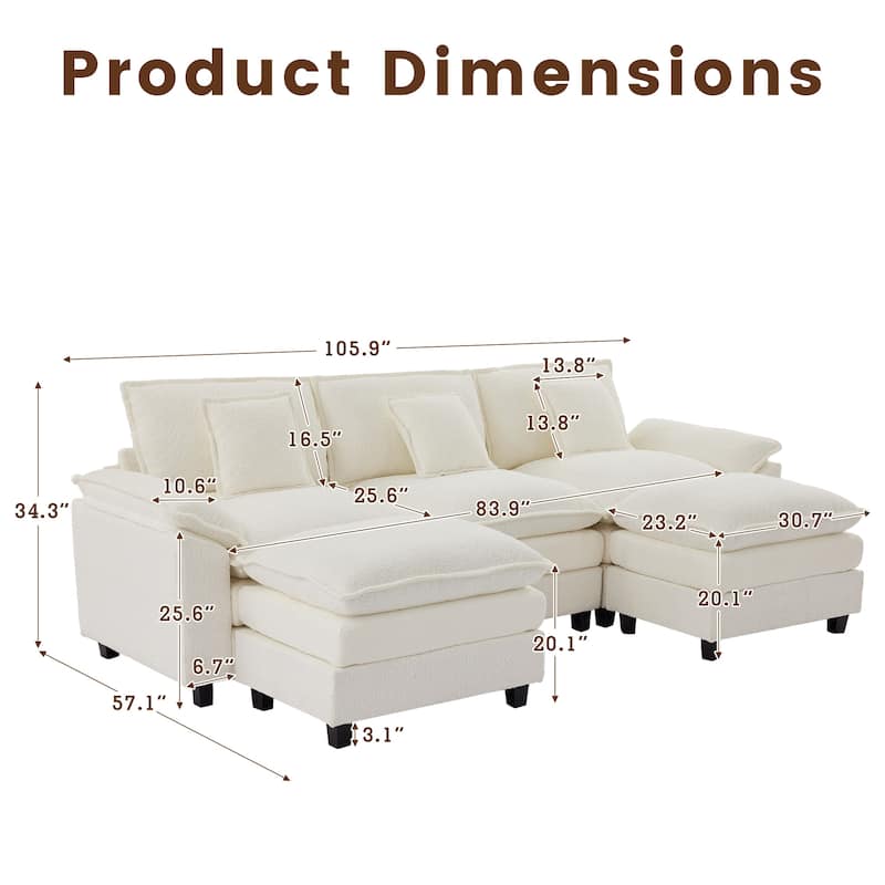 Modular Chenille Sectional Sofa with Ottomans, Deep Seat, Wide Padded Armrests, 2-Seat / 3-Seat / 4-Seat Options