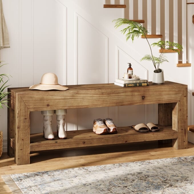 47.24" Solid Wood Entryway Bench with Open Shelves