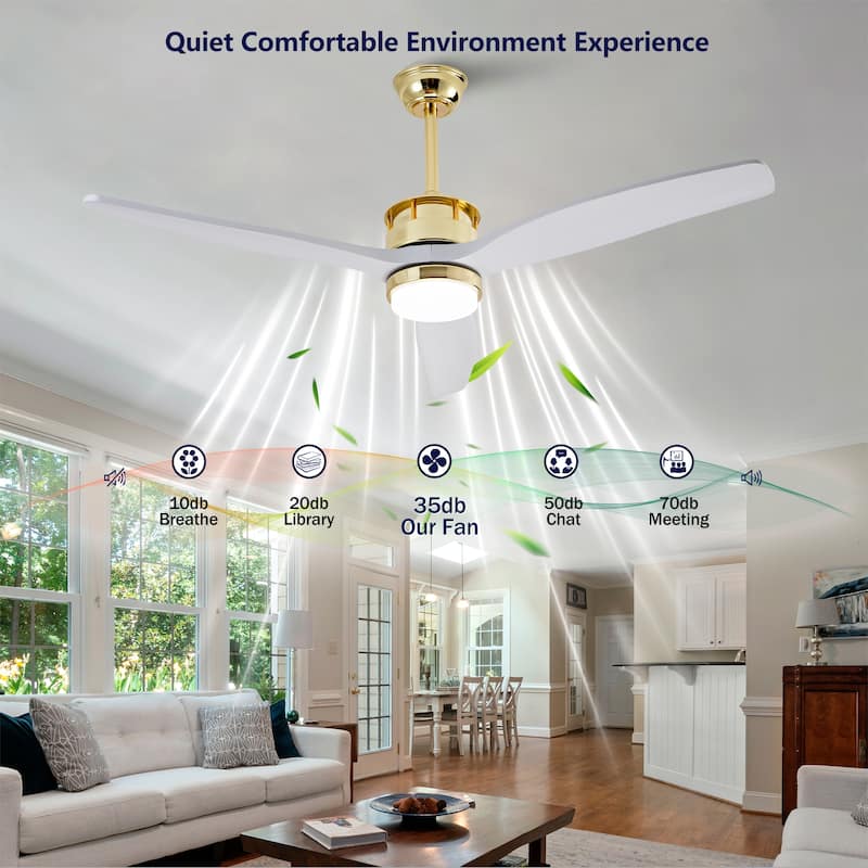 52 Inch White and Gold Ceiling Fans with Lights and Remote, 3 Solid Wood Blades, 6 Speeds, Quiet DC Motor - Gold+White