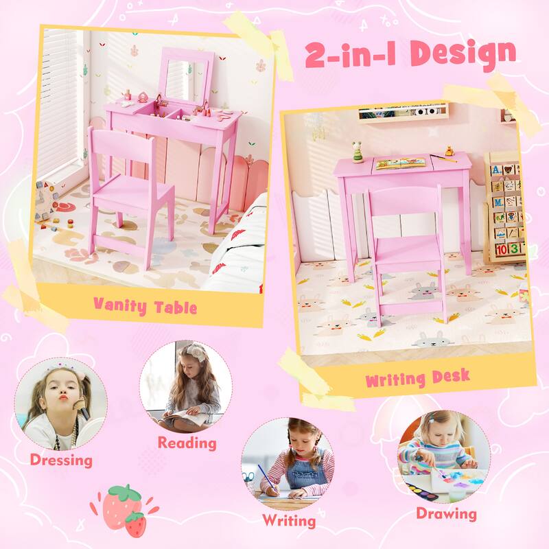Gymax Kids Vanity Table & Chair Set 2-in-1 Princess Makeup Dressing