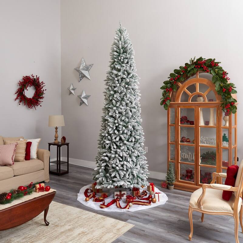 10ft Slim Artificial Christmas Tree with Lights - Winter Fir Tree, Flocked Holiday Decor, Realistic Tree - White - 120
