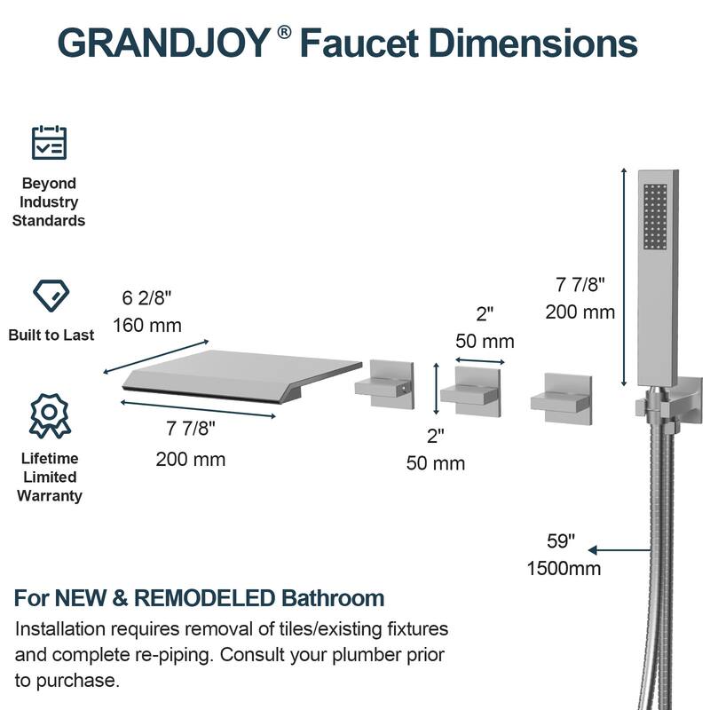 GRANDJOY Wall Mounted 3-Handle Tub Shower Faucet with Handheld Shower and Waterfall Tub Spout