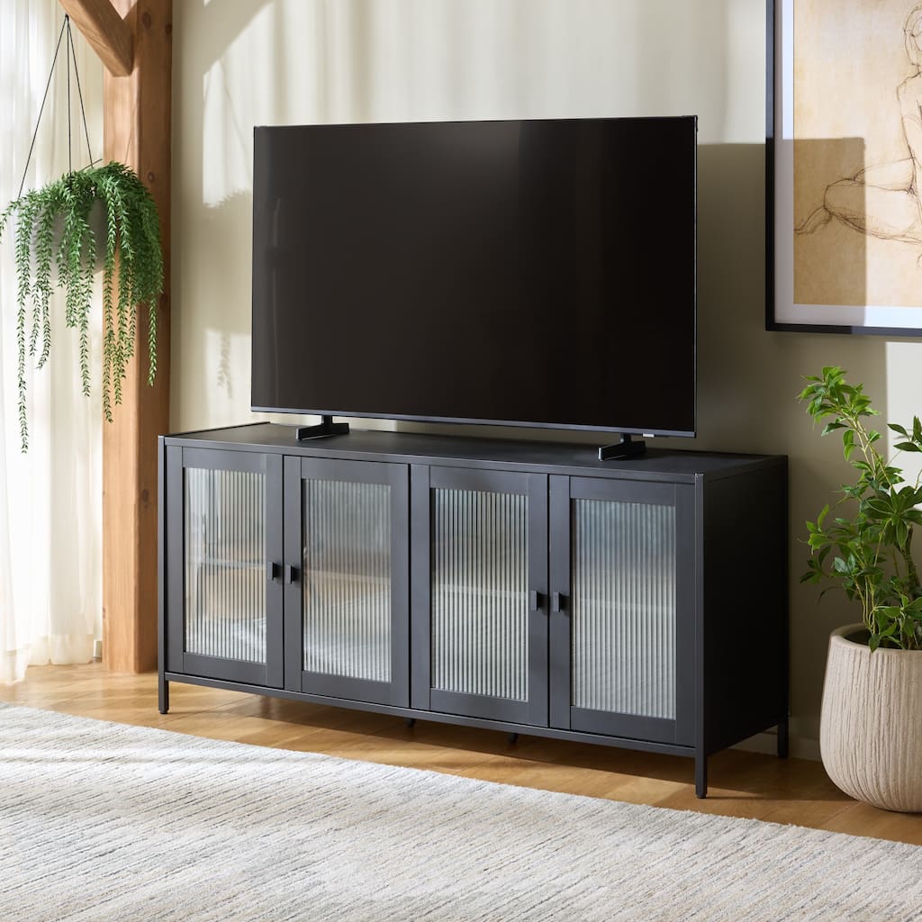 SAFAVIEH Donahue 4-Door Entertainment Media Console for TVs up to 65", Glass Panel Storage TV Stand for Living Room