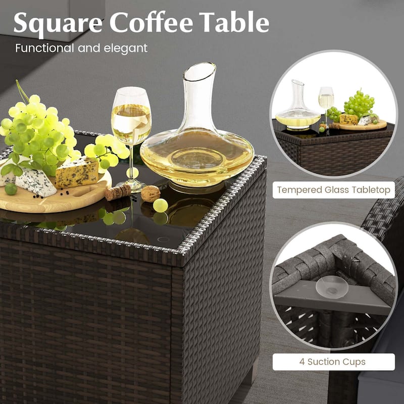 Gymax Set of 5 Rattan Furniture w/ 2 Wicker Ottomans & Tempered Glass