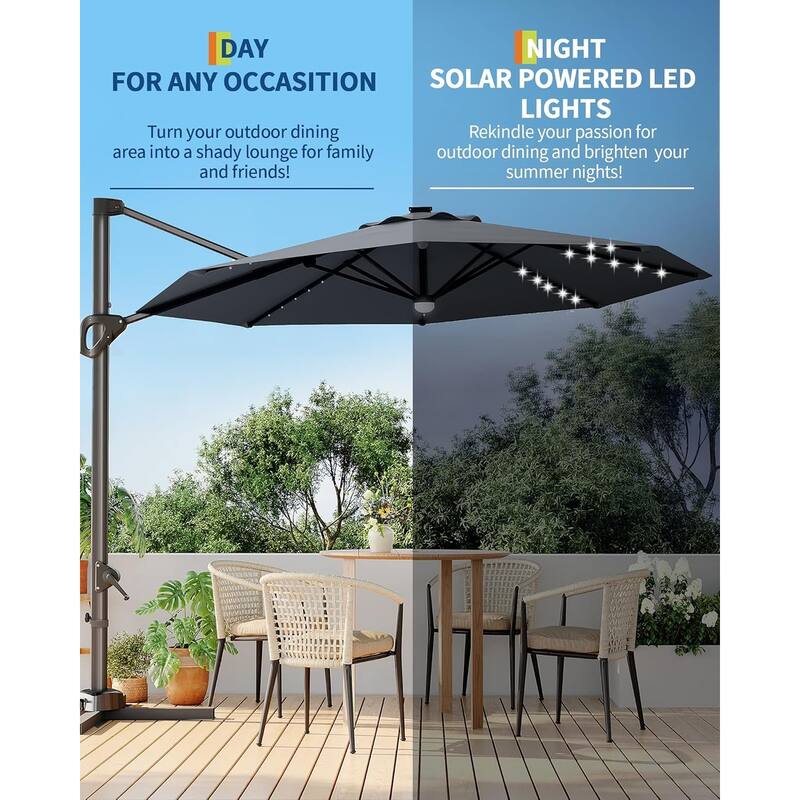 10FT Outdoor Cantilever Umbrella Patio Umbrella Solar LED with Base Included, 360-Degree Rotation